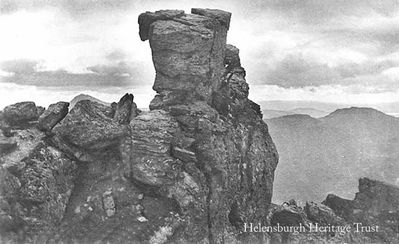 Cobbler summit
A 1935 image of the summit of the Cobbler mountain near the head of Loch Long at Arrochar, also known as Ben Arthur. It is called the Cobbler because of its resemblance, from a distance, to a cobbler at work.
