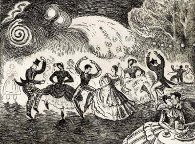 Country Dance Party, engraving by Viola Paterson. Copyright the Anderson (Local Collection) Trust.
