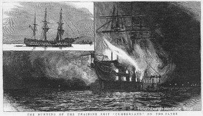 Cumberland burns
The Clyde Industrial Training Ship Association vessel Cumberland, moored off Rhu from 1869-89, was destroyed by fire â€” allegedly arson by five boy pupils â€” and sold for scrap. The illustrations are from 'The Graphic' newspaper of the time.
