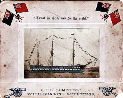 The Christmas card of the Training Ship Empress which was moored in the Gareloch off Kidston Point from 1889 to 1923. Image supplied by Robert Pool, whose great grandfather James McDonald was a boy on the Training Ship Cumberland and a teacher on the Empress.
