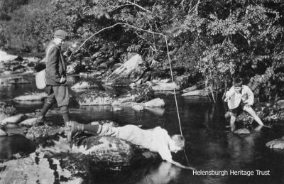 Fruin fishing
Photograph of George Nicol fishing in Glen Fruin with two young helpers, taken c.1910 by keen amateur photographer Robert Thorburn, a Helensburgh grocery store manager.

