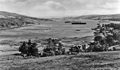 The Gareloch
Looking up the Gareloch from Greenfield Army Camp above Garelochhead, with mothballed naval vessels at anchor, circa 1952.
