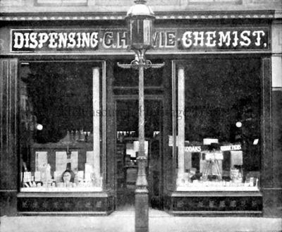 Harvie Chemist
The 4 East Princes Street premises of Geo. Harvie & Son, dispensing and photographic chemists, offering films, plates, papers and all photographic requisites — including a dark-room for the use of customers. Image circa 1910.
