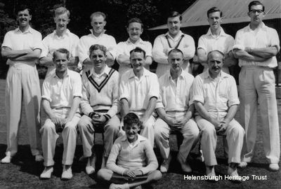 Helensburgh 1st XI 1950s
The Helensburgh Cricket Club 1st XI in the early 1950s, exact date unknown. Standing: Ian Gilchrist, David Arthur, unknown, Harry Simpson, unknown, unknown, Willie Gilchrist; seated: R.A.Whitton, George Gardiner, J.Blain, unknown, Bill Nicholson; in front: unknown. More names would be welcomed. Image supplied by Julian Rey.

