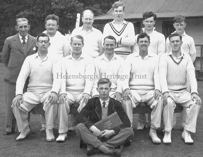 Helensburgh 1st XI
The Helensburgh Cricket Club 1st XI pictured by well known burgh photographer Bill Benzie beside the old pavilion at Ardencaple, which was later burnt down. Two stalwarts of the team for many years are in the front row, Willie Gilchrist (left) and his brother Ian (second from right). Back second from left is Harry Simpson. Image date unknown.
