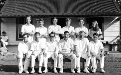 Helensburgh 1st XI 1970
Helensburgh Cricket Club 1st XI in front of the old wooden pavilion at Ardencaple, taken a few weeks before the pavilion was burned down by vandals in August 1970. The 30ft x 20ft building was at the east end of the ground and was erected early in the 20th century to replace the first pavilion, which was on the north side. The third pavilion, now a large clubhouse which has been expanded, is on the west side. Standing: Archie Colvin, Chris Cowan, Douglas Grewcock, David Lean, Julian Rey, scorer Helen Grewcock; front: Rod Hacking, Brian Samphire, Fraser Nicol, Jack Grewcock, Ian Moir, Jack Buckham.

