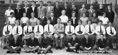 Hermitage Secondary 3B 1958
Back row: X, Alex Smith, David Galloway, X, Alasdair Glendye, X, X, X, X, Alastair McIntyre, Colin McCallum, Jean Crook, Maray Cranstoun; 2nd back row: Lindsay Malan, Helen Murdoch, Sylvie Gilchrist, Molly Oswald, X, X, X, X, X, X; 2nd front row: X, Janet Fagan, X, X, X, Mr. Smith, X, X, X, X, Irene McLaren; front row: X, John Potter, Jim Graham, Robert Cameron, X, John McPhail. Image supplied by Jim Graham. More names would be welcomed.

