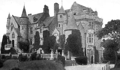 Knockderry Castle
A view of Knockderry Castle at Cove, published by MacFarlane Brothers of Cove, circa 1908. Built on the site of a Danish fort about 1855 to the design of the famous architect Alexander 'Greek' Thomson, Knockderry Castle became the family home of the Templeton carpet manufacturing family. In 1896-7 another famous architect, William Leiper, designed an extension and a lodge for John Templeton, and a famous guest of his at the castle was millionaire philanthropist Andrew Carnegie. For some years a hotel, it is now a private residence again.
