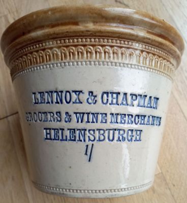 For butter
This pot was donated to the Heritage Trust by Tony Voght. It was used for selling butter by the Helensburgh seafront shop Lennox & Chapman, grocers and wine merchants.
