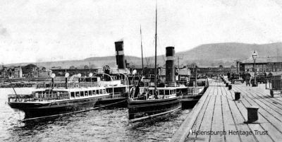 Steamers berthed
A 1905 image of the steamers S.S. Lady Clare and Red Gauntlet moored alonside Craigendoran Pier.
