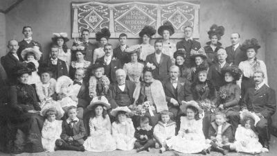 Diamond Wedding 1902
A family group at the diamond wedding party of Helensburgh man J.W.McCulloch, who set up the family painting and decorating business in Helensburgh in 1846 after losing his money in the Gold Rush, and his wife. Venue unknown. Image supplied by his great grandson, Iain McCulloch.

