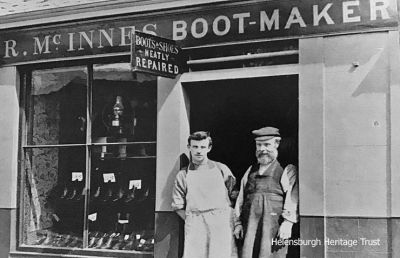 Father and son
Boot-maker Robert McInnes with his son Robert, who became a shoemaker, outside their boot-maker shop at 10 John Street, Helensburgh, c.1900. Image supplied by Jim McInnes, his great grandson.
