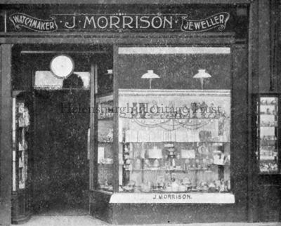 Morrison Jeweller
The 46 West Clyde Street premises of John Morrison, F.S.M.C., Watchmaker and Jeweller, and Practical Sight Testing Optician, established 1846. He announced: â€œI have an excellent variety of Wedding Presents, Birthday, Congratulatory Gifts, and Mementoes of Scotland. My stock is unique in price and selection. Scotch Pebble Jewellery a Speciality.â€
