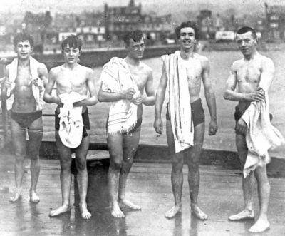 1914 New Year Swim
Five swimmers dry off on the pier after the Helensburgh New Year Swim. Image supplied by Iain McCulloch.
