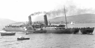 PS Columba
Built in 1878 by J. & G.Thomson at Clydebank, the 602-ton Columba is regarded as the most famous and luxurious Clyde steamer. An early steel-hulled vessel and at 301 feet, the largest Clyde steamer of her time, she operated the Glasgow to Ardrishaig service as part of MacBraynes 'Royal Route' to Oban. Reboilered in 1900, she was sold after the 1935 season, and broken up at Dalmuir. She is pictured off Gourock. Image date unknown.
