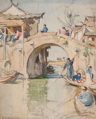 A Bridge in Soochow
This painting is by 'Glasgow Girl' Eleanor Allen Robertson, nee Moore, mother of Helensburgh artist and art historian Ailsa Tanner, nee Robertson. The painting was done when Dr Cecil Robertson accepted a post in public health with the Shanghai Municipal Council, and his wife and daughter went with him. Image kindly supplied by the owner of the painting, art collector Jim Smith from Blantyre.
