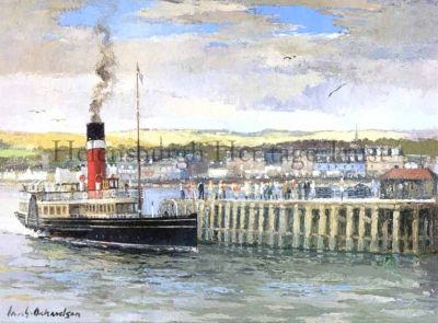 Waverley at Helensburgh
A print of a painting by Ian Orchardson, who lived in Saltcoats where he taught as an art teacher and died in 1997. He left teaching to concentrate full time on his interest of painting Clyde shipping, including steamers and clippers, as well as the series of six famous 'Doon the Water' stops of Helensburgh Pier, Dunoon Pier, Gourock Pier, Greenock Pier, Rothesay Pier and Wemyss Bay. His paintings give an authentic feel of shipping on the Clyde in times past, and examples of his work are highly sought after.
