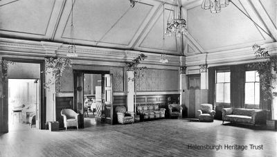 Queen's Hotel Ballroom
A 1934 image of the Ballroom at the Queen's Hotel, where countless local dances, wedding celebrations and other events were held. The hotel was originally Baths House, built by Henry Bell, who built Europe's first commercial steamship the Comet in 1812. The building has had many alterations but still stands on East Clyde Street, having been converted into flats.

