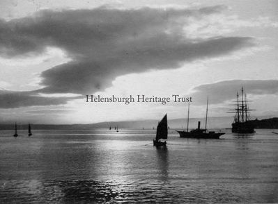 Sunrise at Rhu
The Gareloch and Clyde beyond from Rhu at sunrise, circa 1916. The large vessel on the right is the Training Ship Empress.
