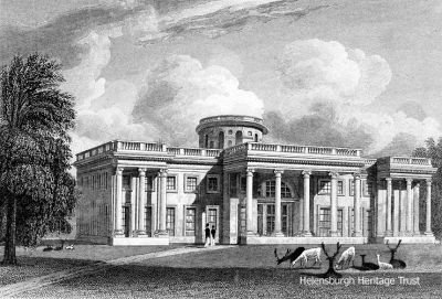 Roseneath Castle
An 1832 engraved print of Roseneath (as it was spelt in those days) Castle. Drawn by John Preston Neale and engraved by W.Wallis, it was published by Jones and Co. of Finsbury Square, London. Completed in 1806 by London-based architect Joseph Bonomi, this neo-classical mansion replaced a castle burnt down in 1802. It was used as a military hospital during the First World War and was home to Queen Victoria's daughter Princess Louise, the Dowager Duchess of Argyll, until her death in 1939. It was an HQ for the Rosneath Naval Base in World War Two, then abandoned, then damaged by fire in 1947, and finally demolished in 1961.
