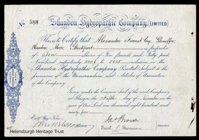 Hydro share
An 1894 share certificate for the Shandon Hydropathic Company. Image kindly supplied by courtesy of https://www.scripoworld.com/
