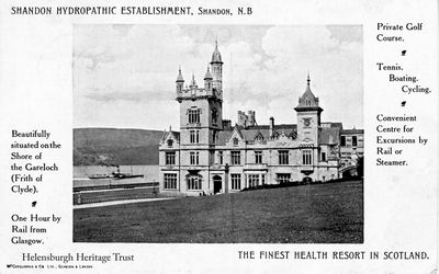 Shandon Hydro
A card advertising the delights of Shandon Hydropathic Hotel, noted as being in North Britain, pictured as a steamer goes past in the Gareloch. Originally West Shandon, this magnificent building was the home of Robert Napier, the greatest figure in Clyde shipbuilding and marine engineering in the mid-19th century. During World War One the Hydro became a hospital, and in World War Two it was used by the army. In 1951 it became a hotel again, but in 1957 it was closed and demolished.
