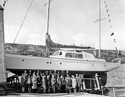 Rosneath launch
The yacht Sea Laughter is launched after being built at Silver's Yard at Rosneath. Managing director John Boyd, also Cove and Kilcreggan's Dean of Guild, is third from left in the front row. Image date unknown.
