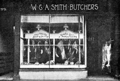 W. & A.Smith, Butchers
The 93 East Clyde Street premises of Smith Butchers. They offered finest home-fed beef and mutton, lamb and veal in season. Specialities were corned beef, pickled tongues and sausages. Orders could be called for morning and evening. Image circa 1910.
