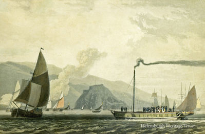 Steamboat
A steamboat of the Comet era â€” possibly the Comet itself â€” is seen on the Clyde near Dumbarton Rock in this old sketch.
