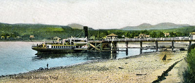 Steamer at Garelochhead
A steamer is berthed at the pier at Garelochhead, probably the Lucy Ashton which called regularly from 1906 until the pier closed in 1939. Image circa 1905.
