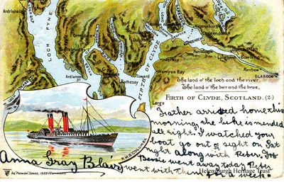 Map card
A map card showing the MacBrayne steamer PS Columba and a map of the Firth of Clyde, circa 1902.

