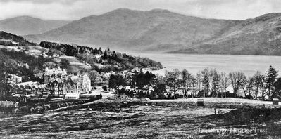 Tarbet Hotel
An unusual view of Tarbet Hotel, taken from what was then Tarbet golf course, with Loch Lomond beyond. Image circa 1920.
