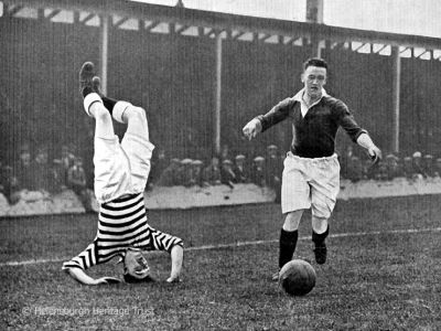 Twin Sons
Willie Parlane on the ball for Dumbarton against Dundee United at Tannadice, possibly on March 7 1931 when he and his twin brother Jimmy, who both lived in Rhu, played for Sons in a 1-1 draw. Their nephew Derek Parlane was signed  by Rangers when he was still a Hermitage Academy pupil, and went on to star for Rangers, Leeds United, Manchester City and Scotland. The United player was full back Taylor. Image supplied by Robert Ryan.
