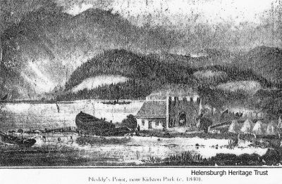 Neddy's Point
An 1840s image of Neddy's Point â€” now Kidston Park. It was formerly named Cairndhu Point, and was known locally as Neddyâ€™s Point after a well known fisherman and ferryman who lived in a cottage on the point. On it stood the original Ardencaple Coaching Inn, stone from which was used by the Duke of Argyll to build what is now the Ardencaple Hotel. Image supplied by Doris Gentles.
